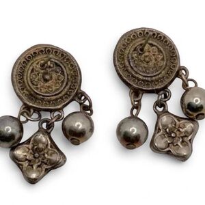 Vintage Coin Bead Medallion Quatrefoil Gold Silver Tone Earrings